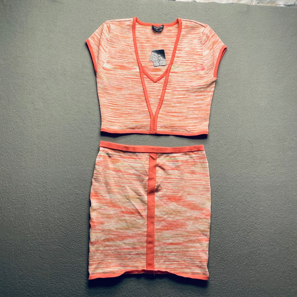 Bebe Women Skirt Set Rayon Knit Space Dye Orange Large Boho Festival Co-ord